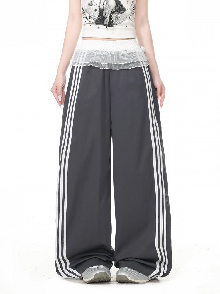 Black Striped Wide Leg Trousers with Layered Tulle Skirt - Languid Park