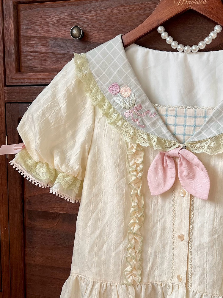 Ohren Bluse Kragen Hase Kurze Ärmel Stickerei Rücken Matrose Tulpe