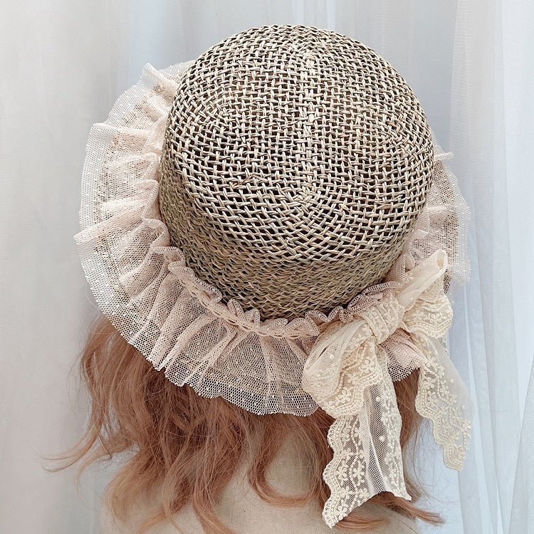 Decorated Lace Straw Hat Beige Trim Bowknot