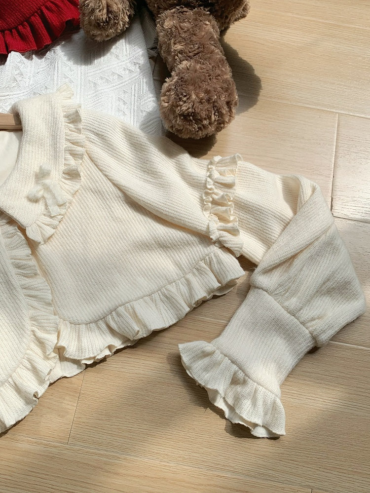 and Cardigan for Autumn Beige Winter Cropped Ruffle Trimming