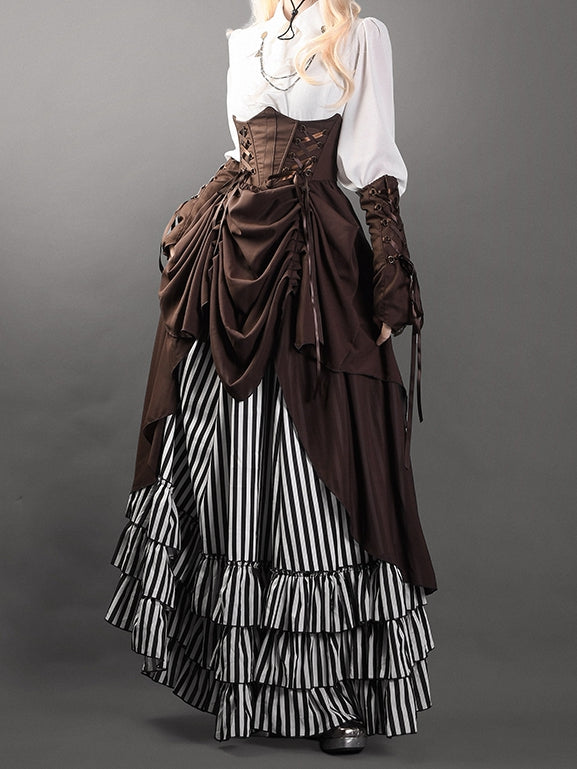 Black and White Striped Tiered Hemlline Steampunk Lolita Skirt
