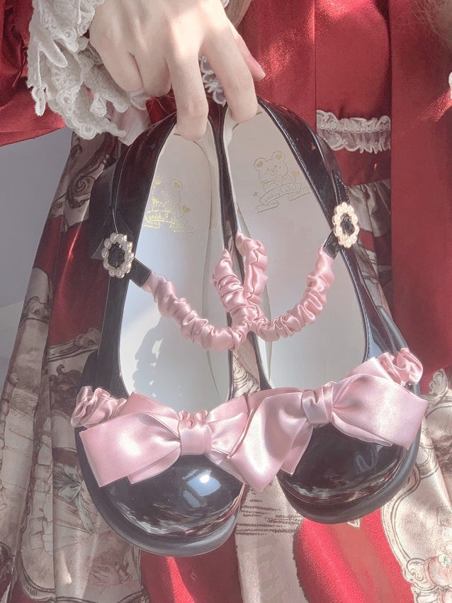 Heel Lolita Beaded Black Trim Ruffle Round - Pink with Buckle Toe PU Mary Sweet Janes Mid