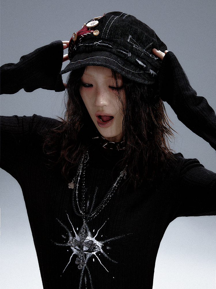 Black Beret Bold Unique Handcrafted Detailing with Star Button Denim Appliques