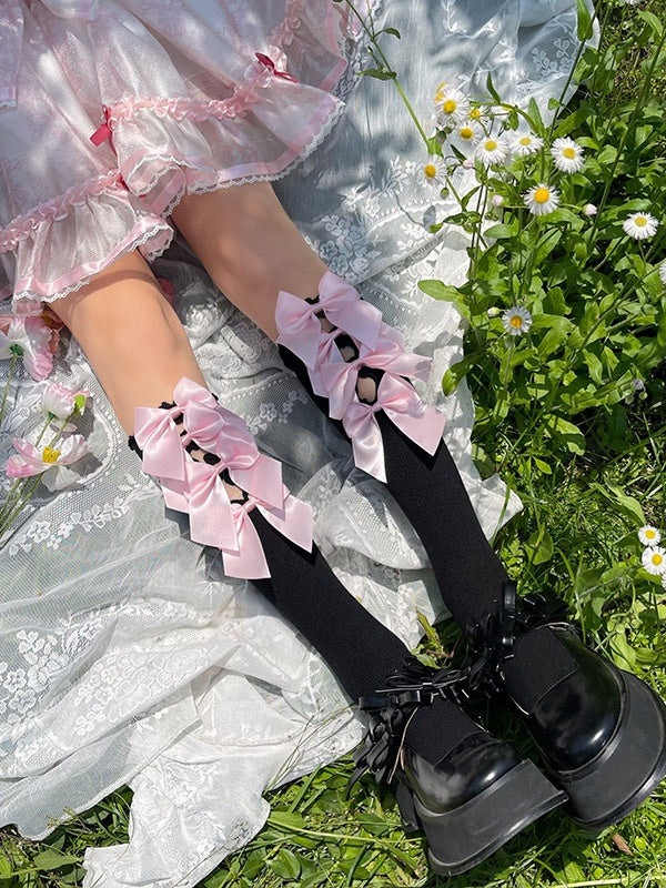 Pink Yellow/Black Design Trim with Cutout Bow Ruffled Decorations Socks Calf White