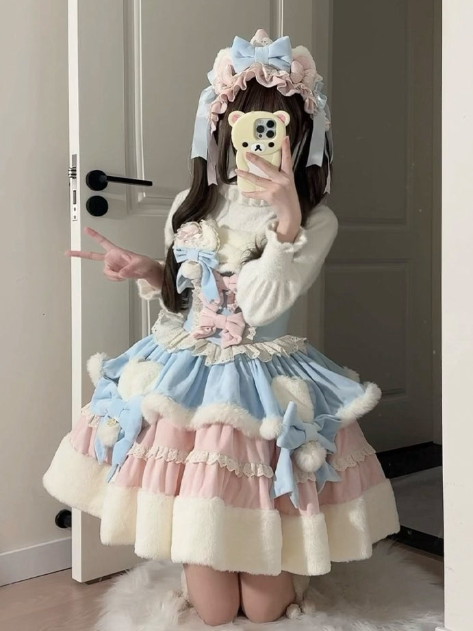 Kitty Pink Hairband Lolita Blue Plush Ears and Bowknots Sweet