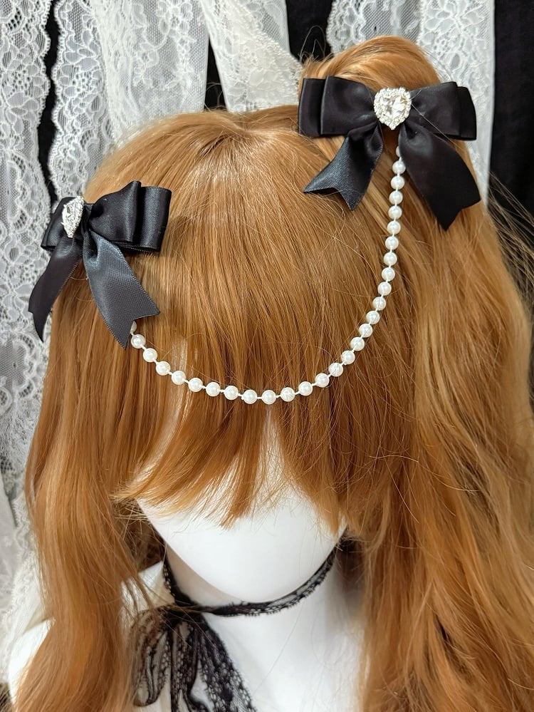 Black Bead Decorated Heart Two Chain Rhinestone Hairclips Bowknot