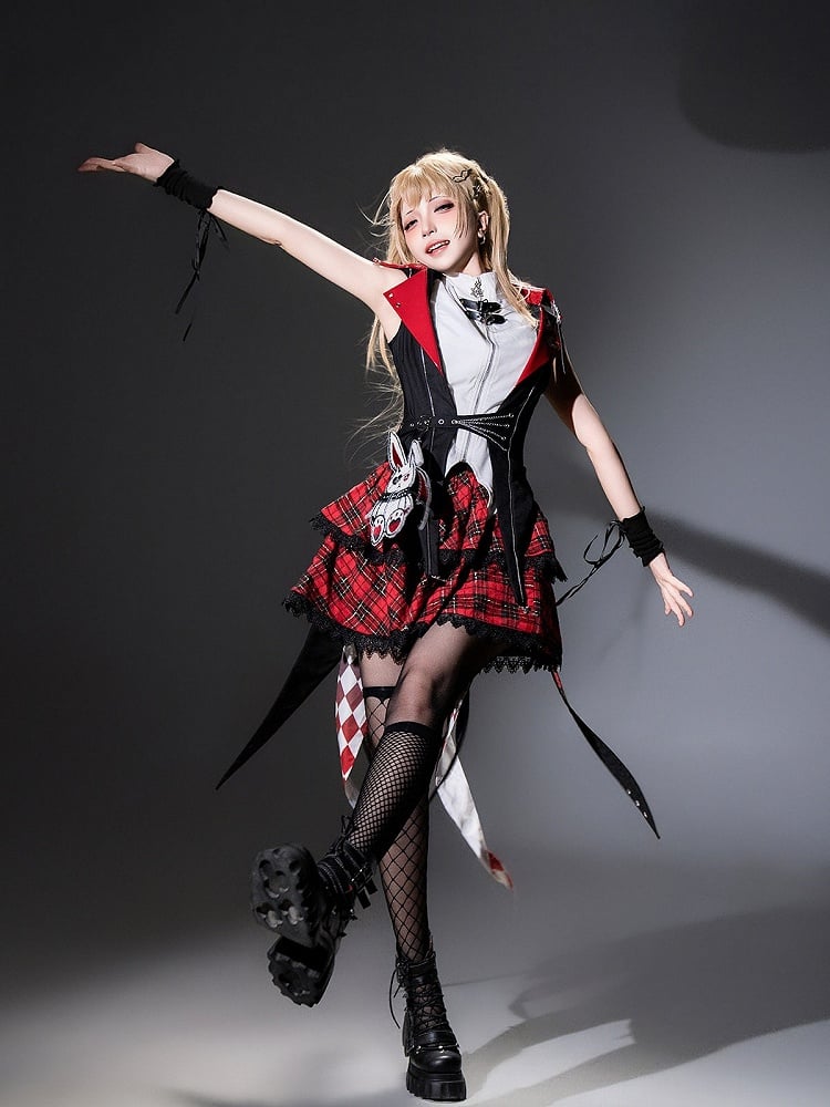 Punk Bunny Ear Hooded Coat with Diamond Tailcoat and Plaid Skirt in Black and Red - Xiong Dou Jiang