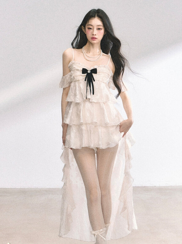 アプリコット カスケード ラッフル トリム ティアード ラッフル キャミ ドレス スカート ハイロー