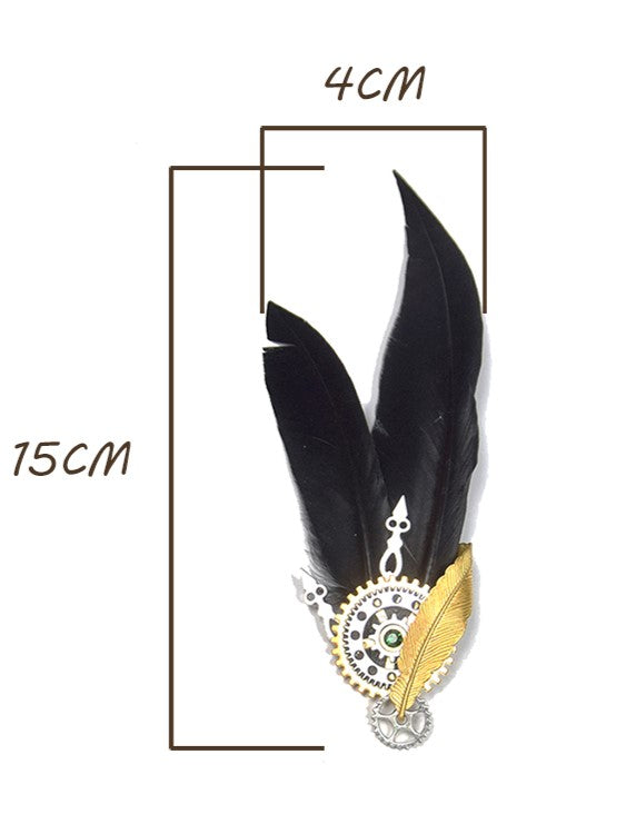 Brooch Decorated Black Gear Steampunk Rhinestone Feather Design Green