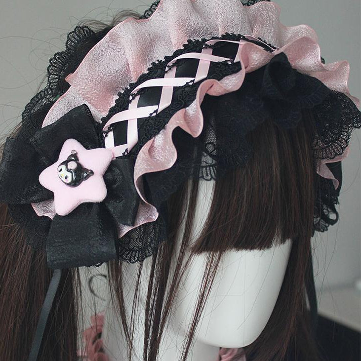 Black And Pink Kuro Vibes Lace-Up Detail Bowknot Hairband