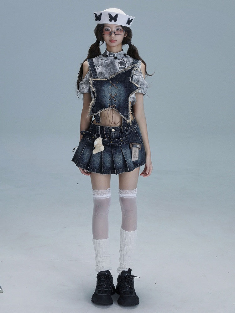 Blue Front Dusty Pleated Overall Shape Skirt with Punk Convertible Star Denim Distressed Dress