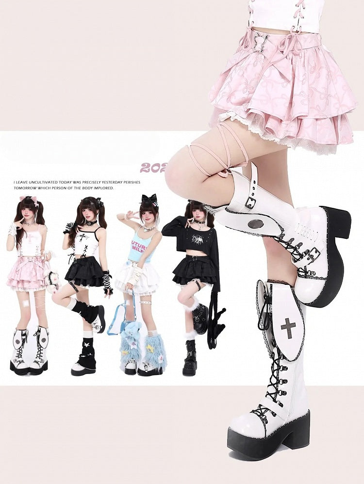 スカート 蝶結び ティアード柄 ピンク