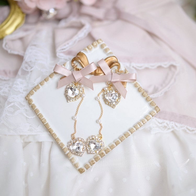 Beaded Bow Rhinestone Black/Dusty Kei Pink Earrings Jirai Chain