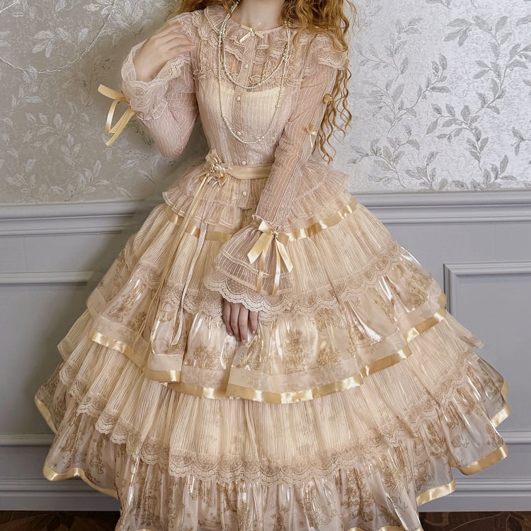 Ruffle Skirt Champagne Print and Kitty Bunny Lolita Tiered