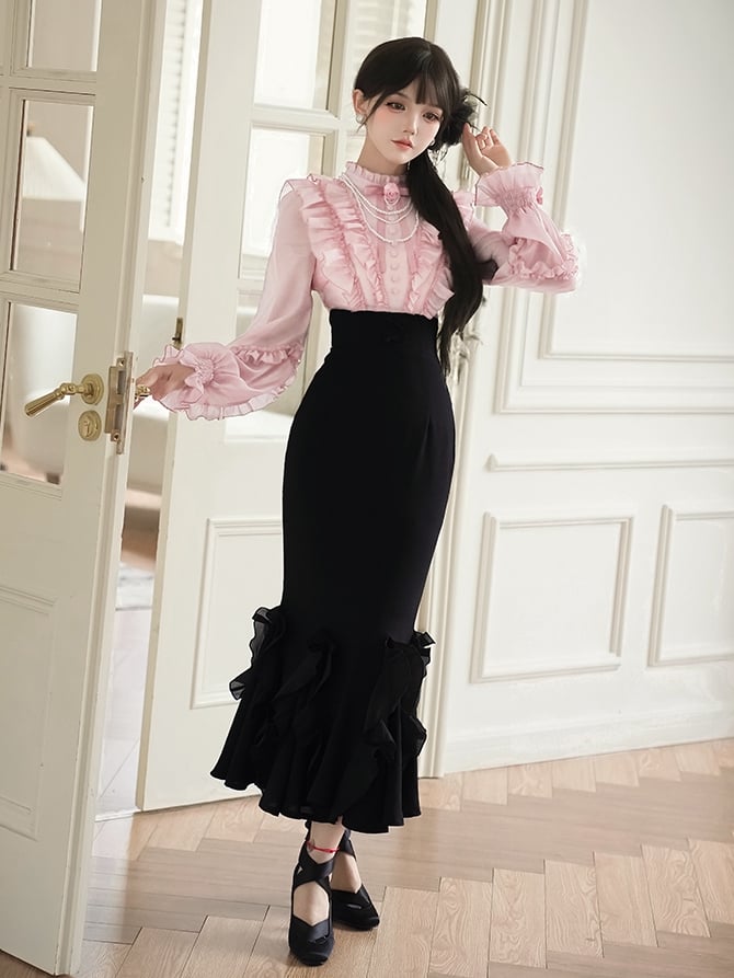 Pink Long Sleeve Blouse & Black Mermaid Skirt Boned Waist Lolita Dress - With PUJI