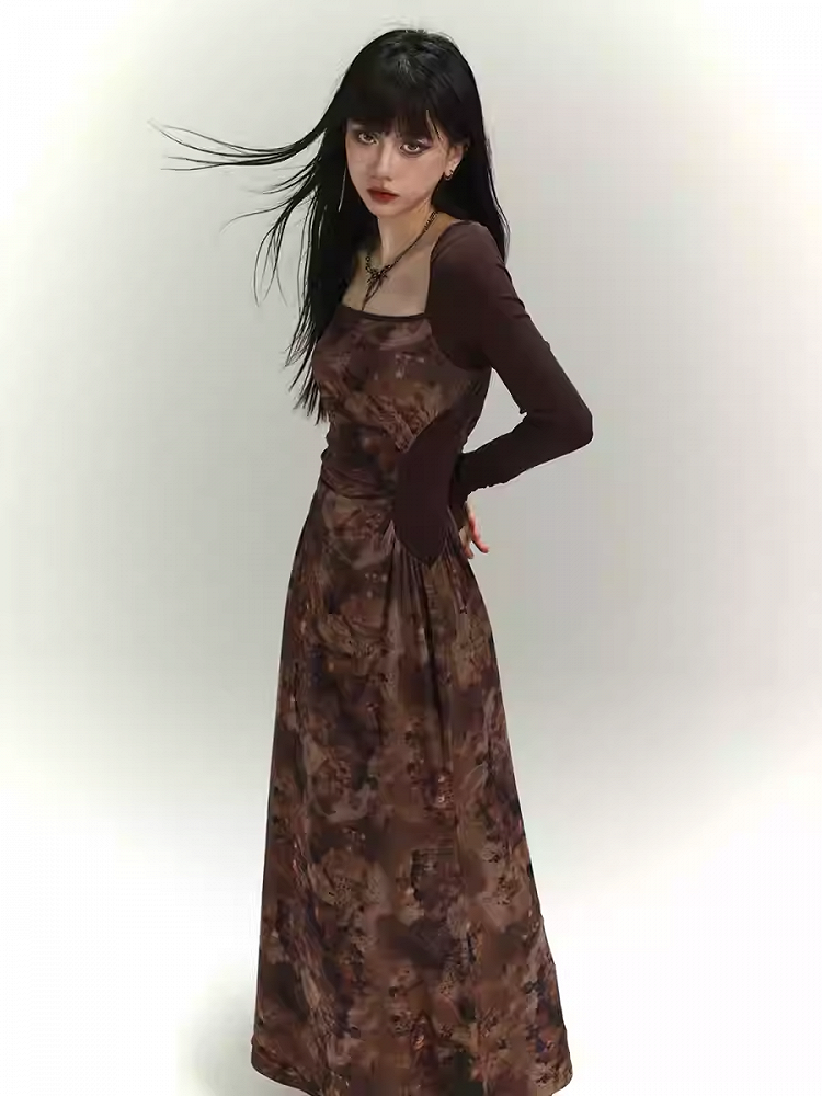 Millard Fashion Brown Square Neck Gathering Details Slim-fitting Dress