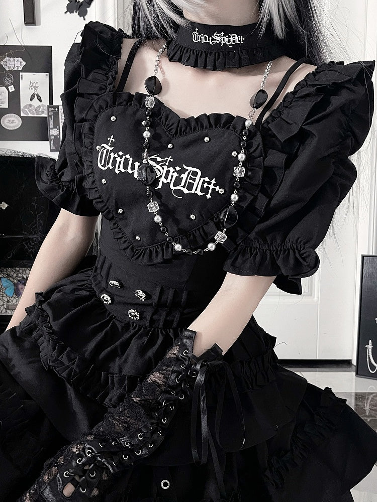 with Patch Dress Puff Skirt Tiered Sleeve Heart Black Short Gothic Ruffle