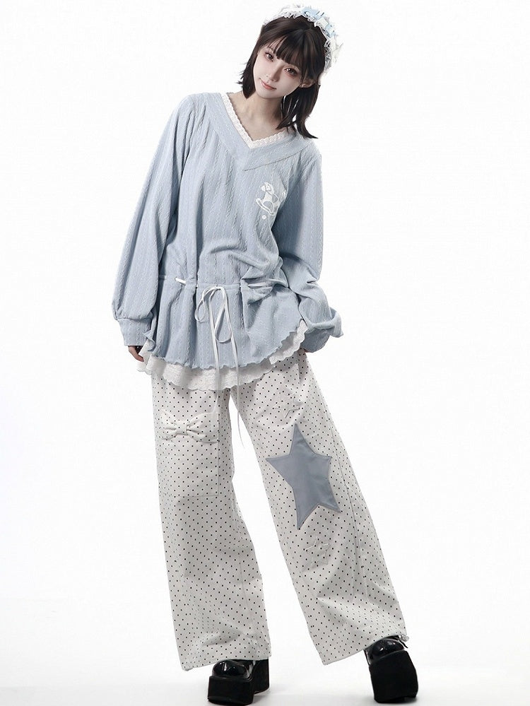 White Straight-Leg Trousers Featuring Light Blue Star Appliqué & Polka Dot Print - PINK SAVIOR
