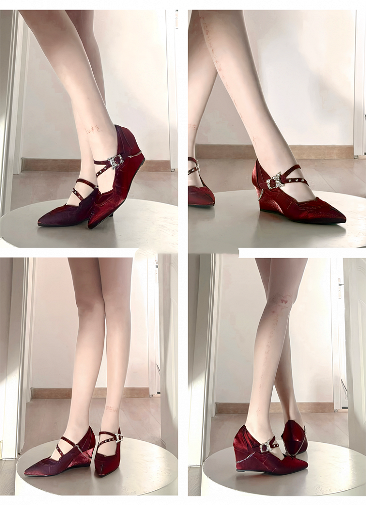 Cross Mary Toe Pointed with Velvet Shoes Gothic Red Embroidery Jane Heel 7cm