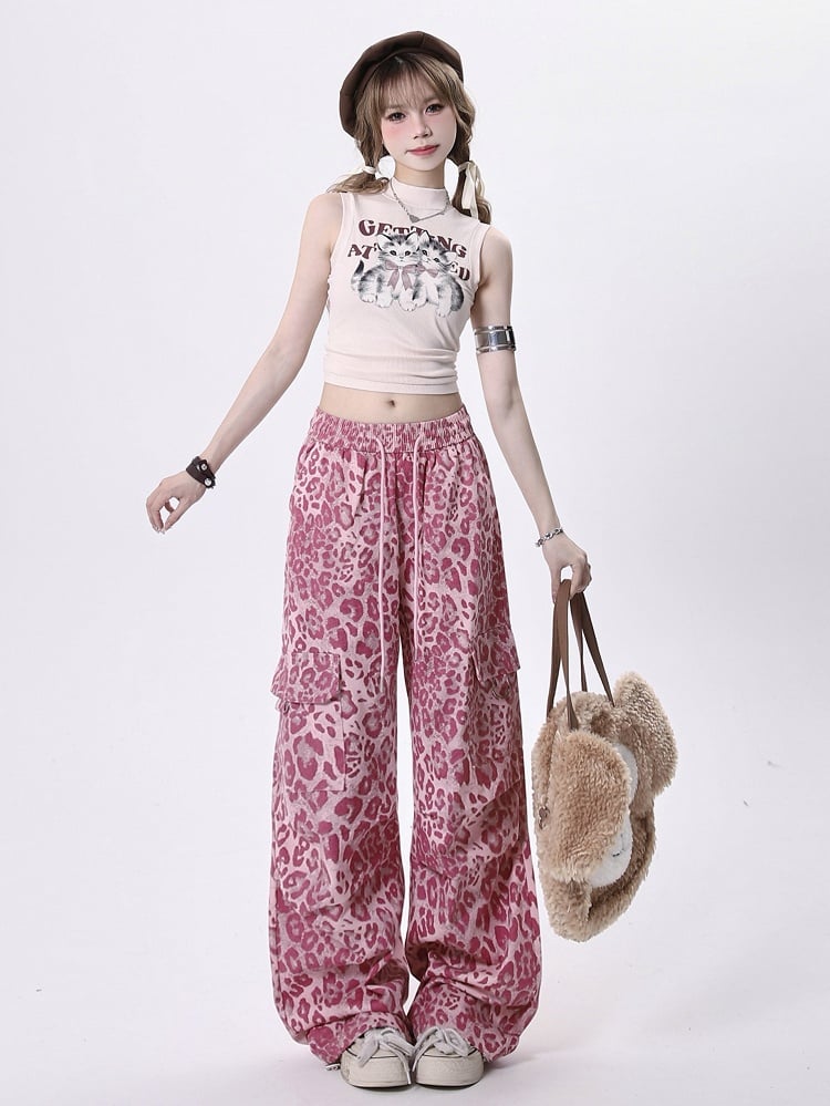 Waist with Cargo Drawstring Pants Print Gyaru Straight-Leg Leopard Pink