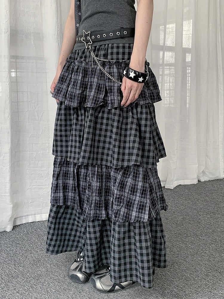 Two Tone Plaid Layered Ruffle Skirt - Solkatt