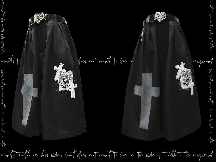 Black Cross Appliques Wide-Leg Pants Y2K