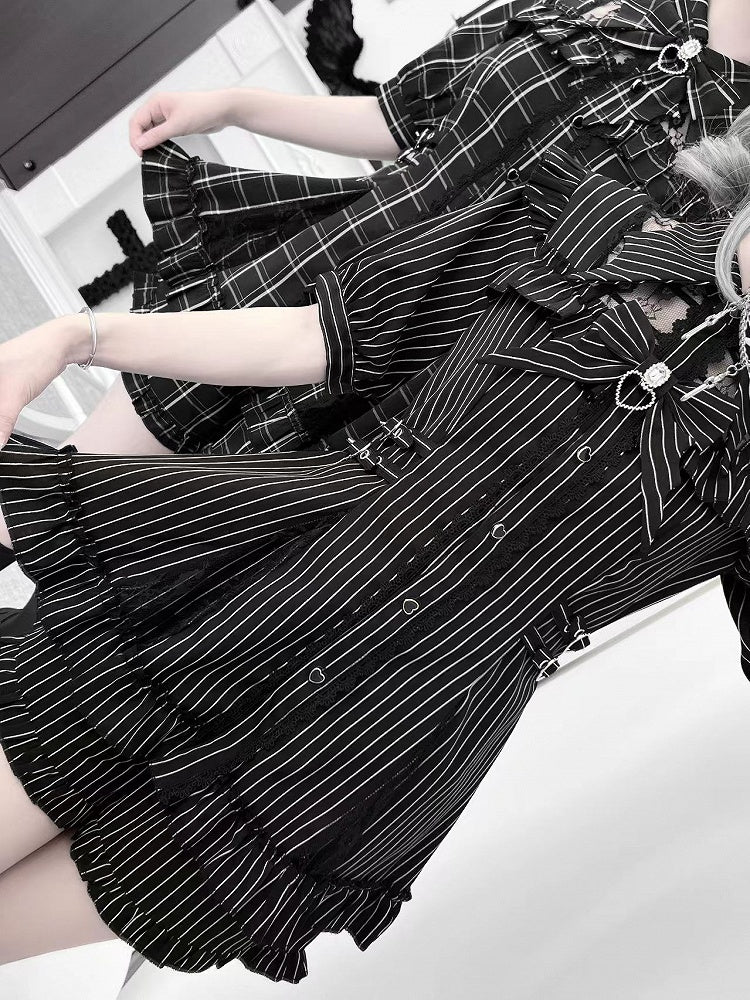 Black Shorts Plaid/Striped Kei Buckles Set: Jirai Neckline Illusion with Matching Waist-Defining Dress