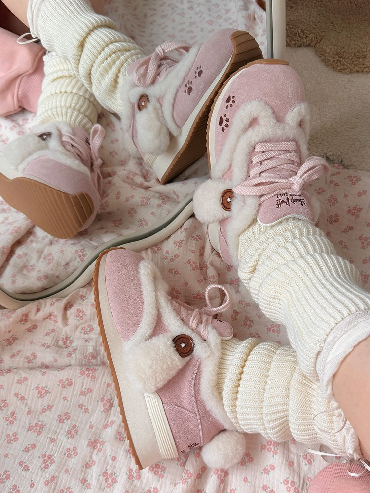 with Ears Lolita Print Accents Pink Sweet Tail Plush Sneakers Embroidery Dog - Paw