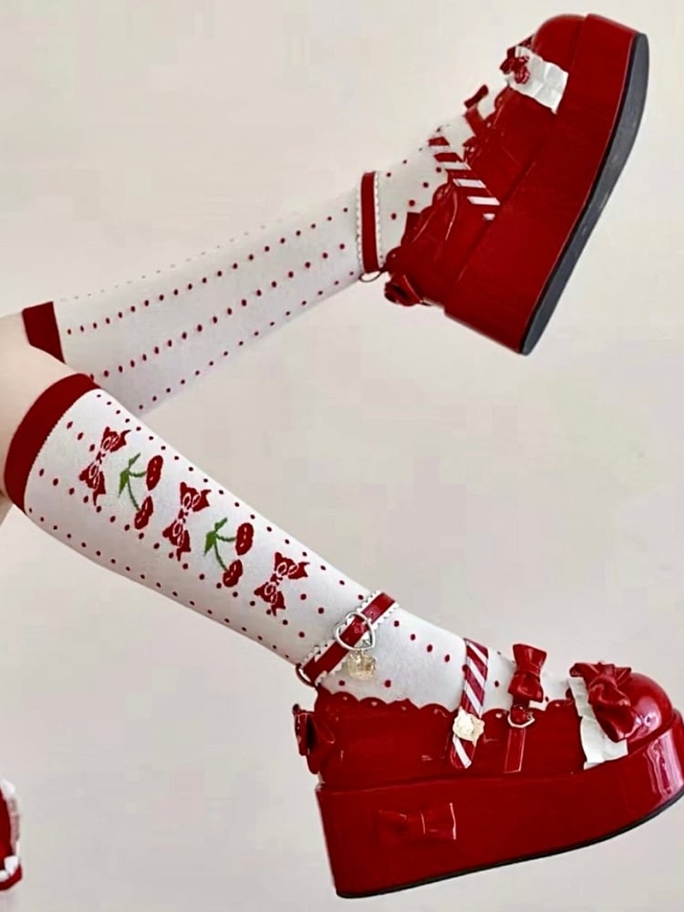 Socken Musterdruck Lolita Weiß Polka-dot Kirschrot Kalbsleder