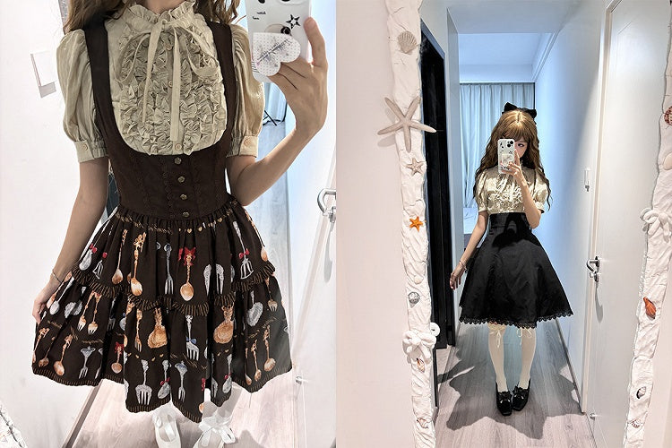 Champagne Ruffle Short Puff Sleeve Striped Lolita Blouse - Flower Fairy Daily
