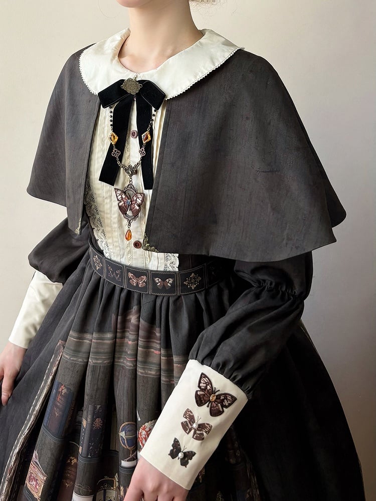 Dark Brown Bookshelf Print Long Sleeve Lolita Dress Cape - Miss Point
