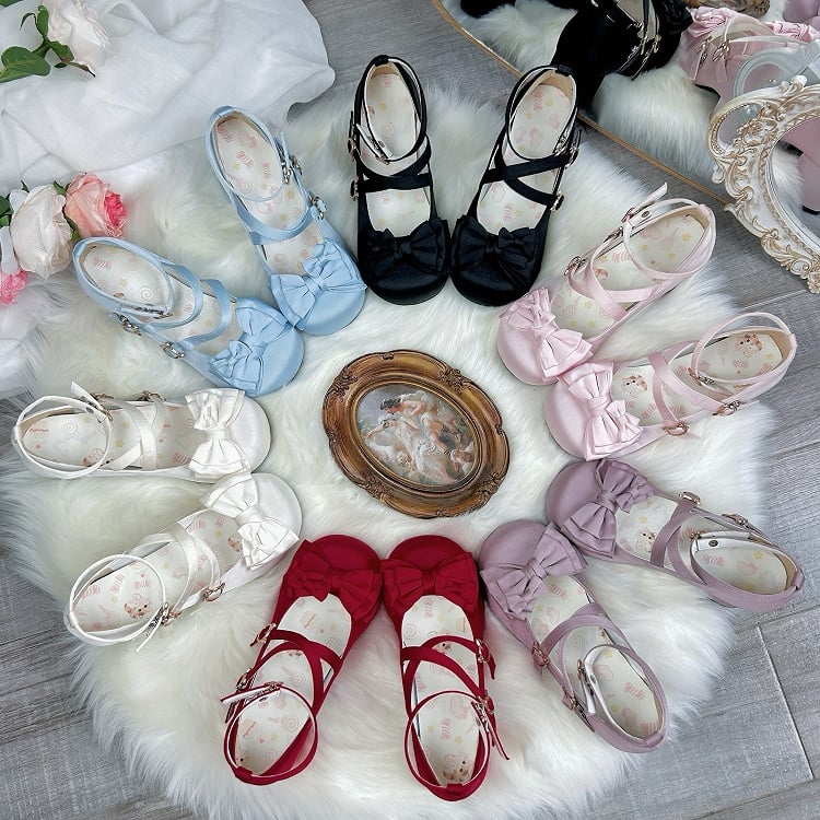 Round Toe Red Classic Lolita Ballet Mid Heels with Bow at Top & Crisscross Straps