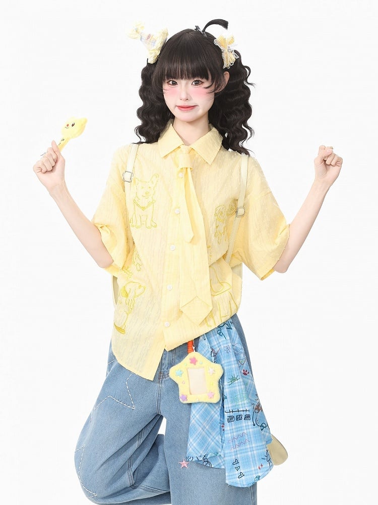 Yellow Puppy Embroidery Short Sleeve Shirt with Tie - Languid Park