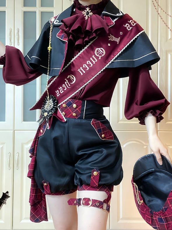 Rotes Ouji Lolita-Hemd mit Jabot-Kragen und Rüschenausschnitt und langen Ärmeln