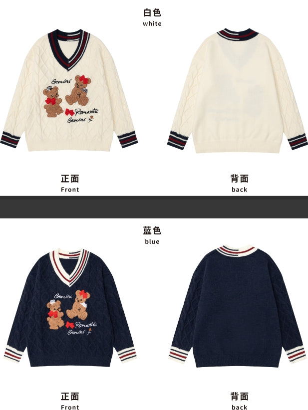 クリスマス ネイビーブルー ジンジャーブレッドベア アップリケ Vネック ソフトセーター