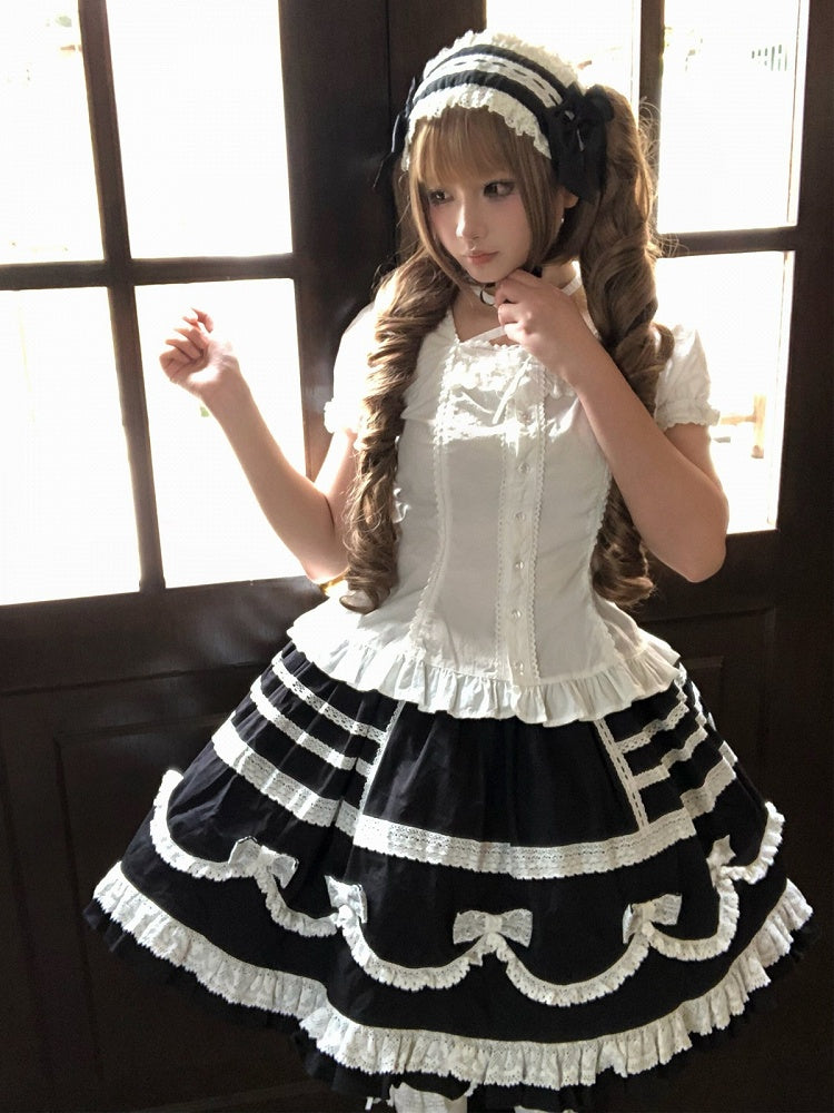 Black & White Bow Lace-Trimmed Skirt - Hana Studio