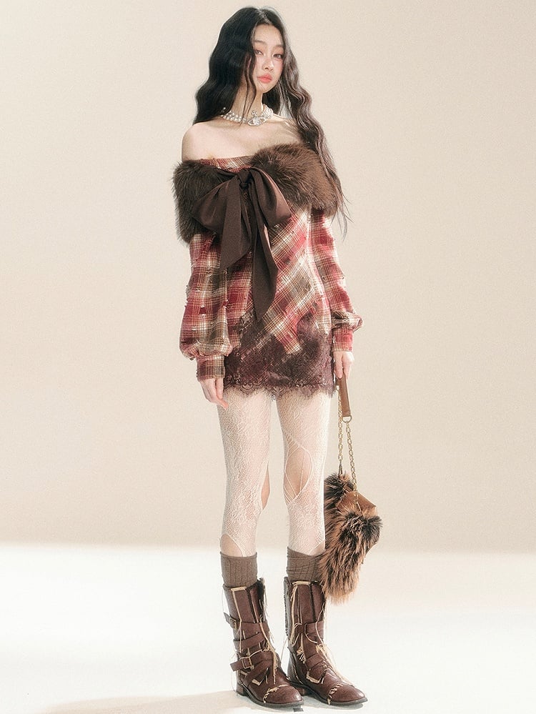 赤と茶色のダメージ加工の穴あきチェック柄ドレス、無料のプラッシュショール