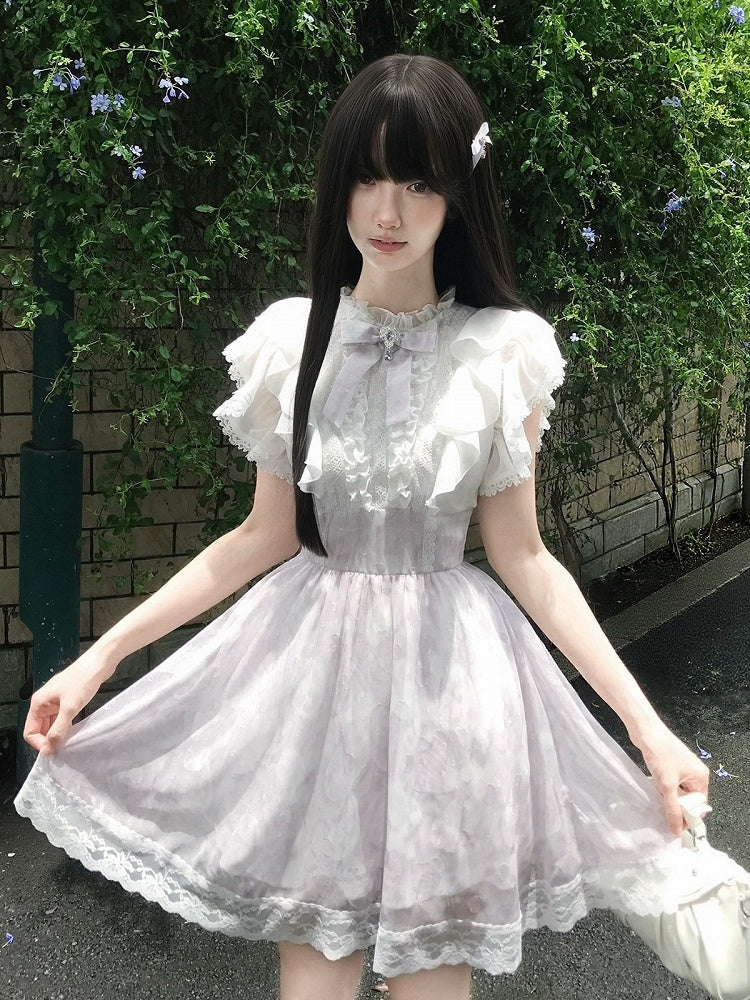Purple-White Ruffled Flutter Sleeve Dress with Removable Rhinestone Bow - LA LA JK
