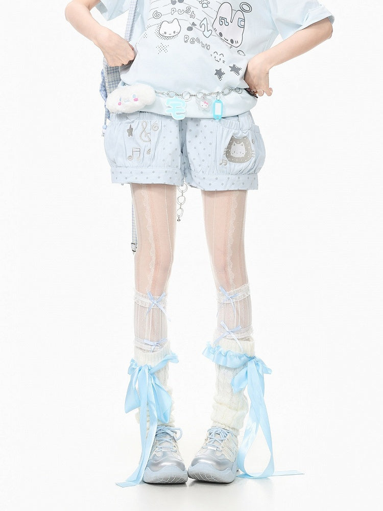 Blue Polka Dot Shorts with Kitty & Music Embroidery - Languid Park