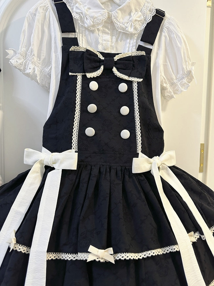 Double-Breasted Black Trim Sweet with Lolita Overall Buttons White Lace Dress and