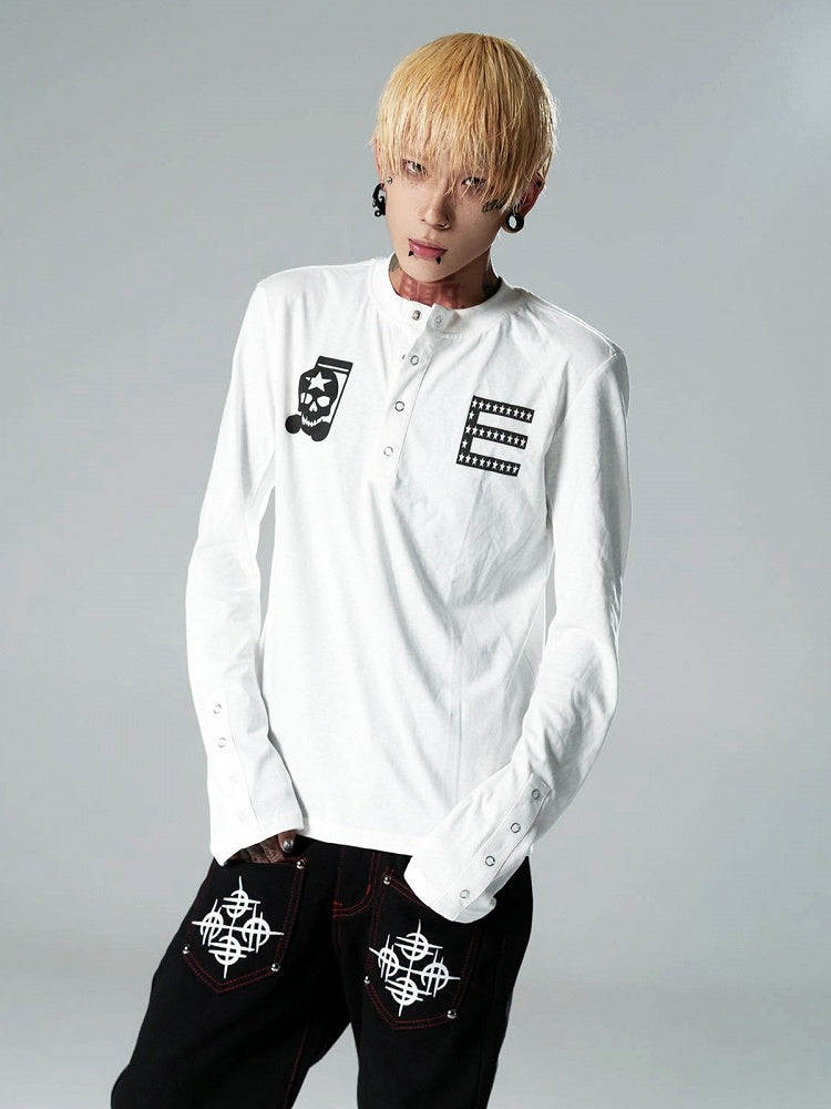 White Henley Neck Curved Long Sleeve Top Skull Print - DETW OnLine