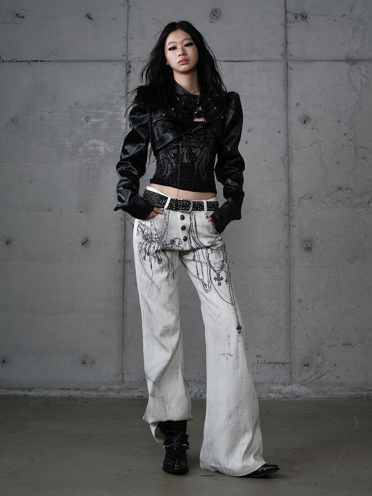 Jacket Punk with Vintage Studs PU Buckled Crop Straps Black