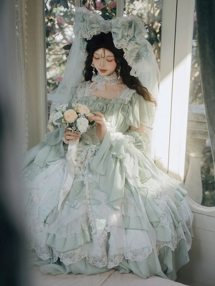 Hanayome Short Lolita Flowing Accents Dress Green Layered Version JSK Ruffles with Light Rose