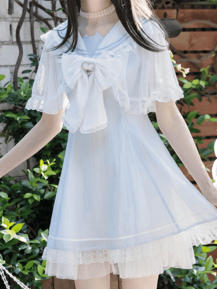 with Cape Light Blue Jirai Kei Sailor Collar Lace Dress Design Bowtie