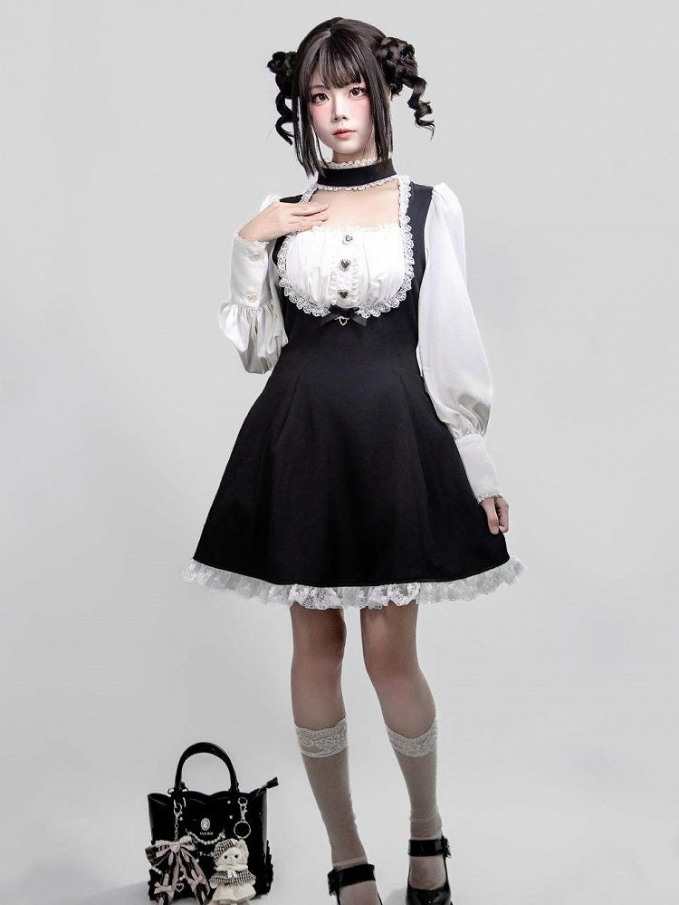 One-Piece Long with Jirai Choker Lace Sleeve White Kei Details Dress Black Design