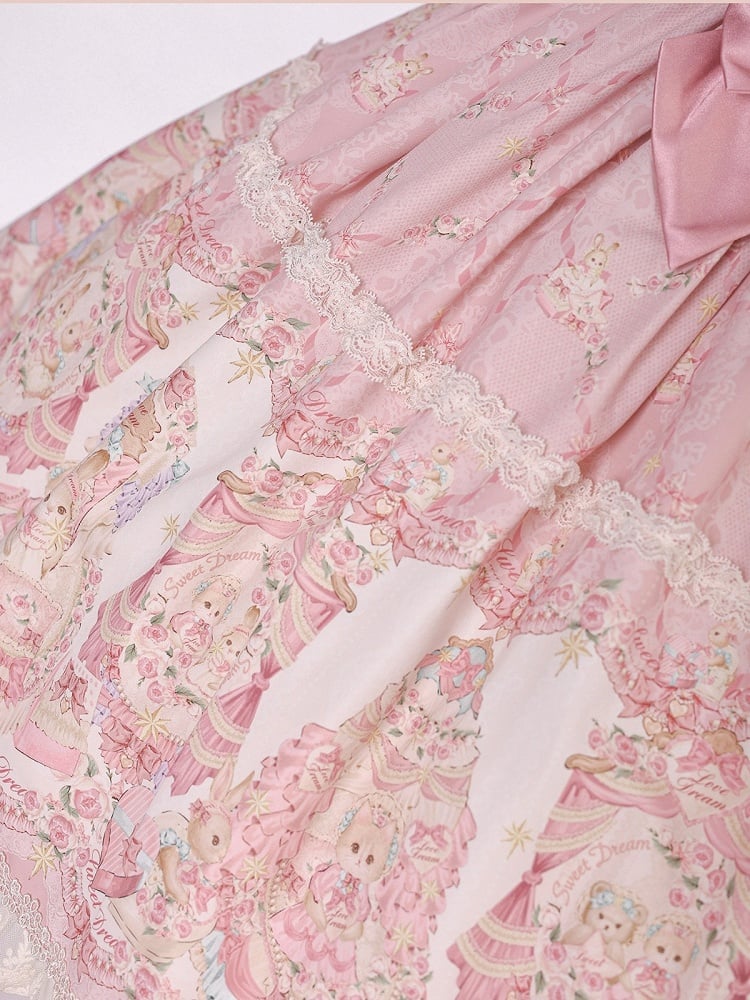 Sweet Pink Doll-Themed Lolita JSK with Bow Accents and Toy Bed Print - Alice Girl