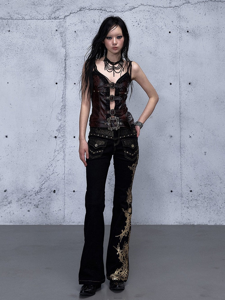 Adjustable Cami Straps with Red Shoulder Lace Ruffle Punk Trim Dark Rock Top