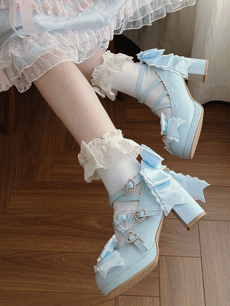 Sweet Lolita Blue Heart Crystal Platform Shoes with Bow - Sheep Puff