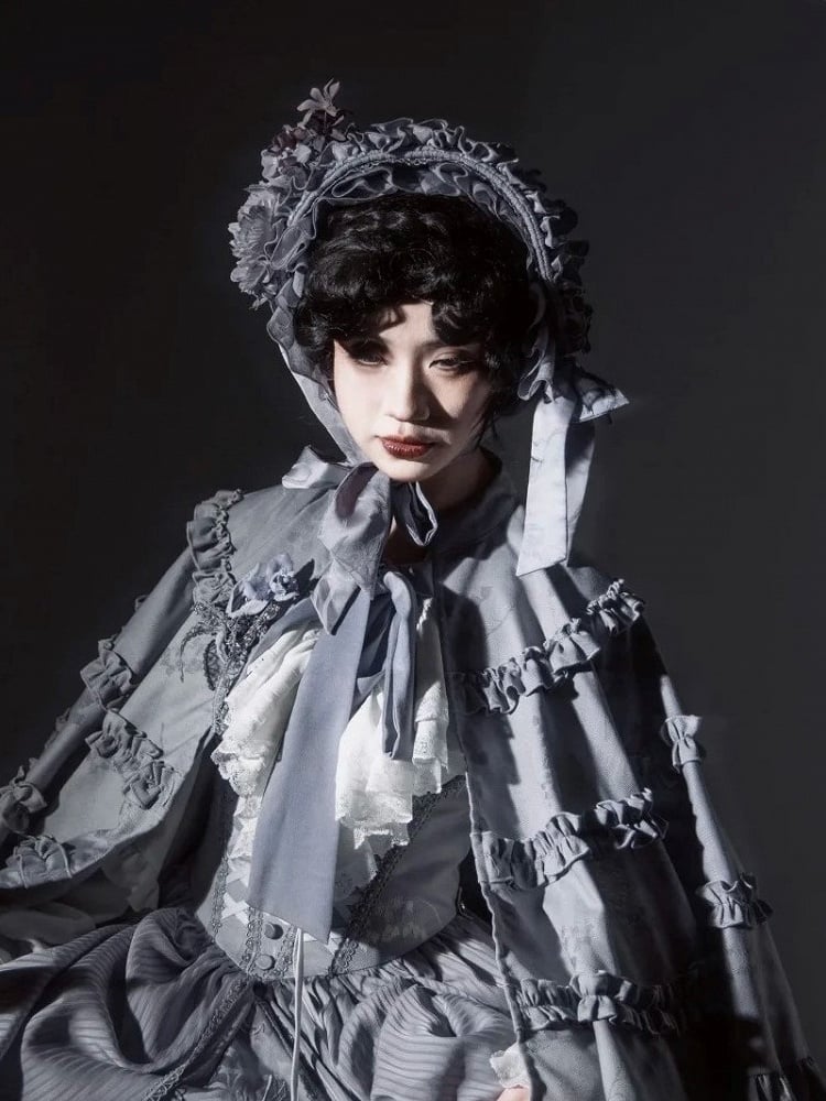 Lolita Hairband with Ruffled Black/Gray/Brown Accent Floral