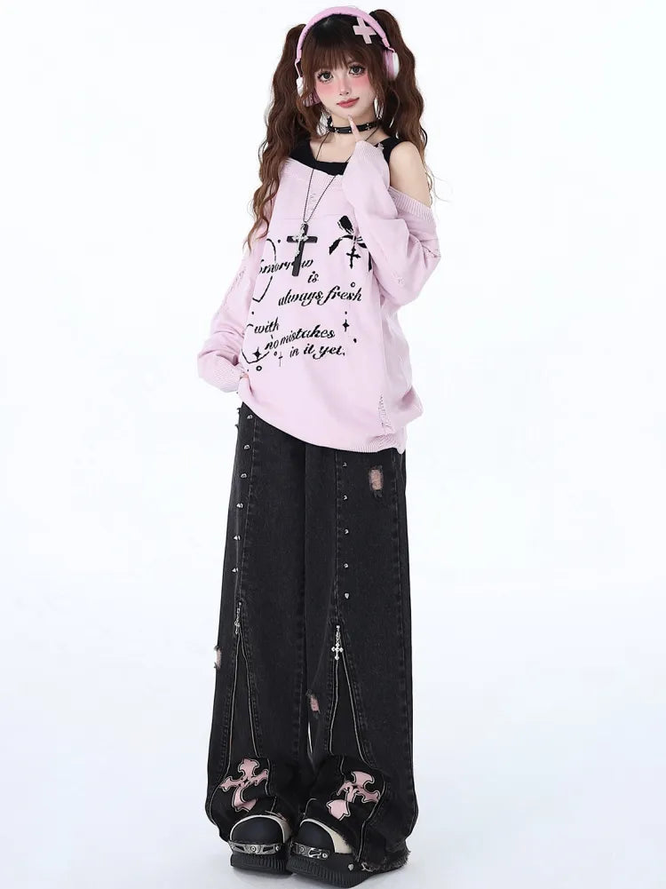 Nieten High Waist Schwarz Detail Punk Jeans Reißverschlüsse Design